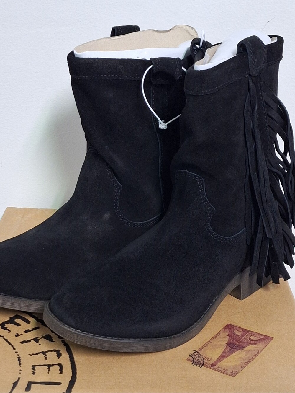 NEW! LEATHER Fringe Cowboy Ankle Boots, Black